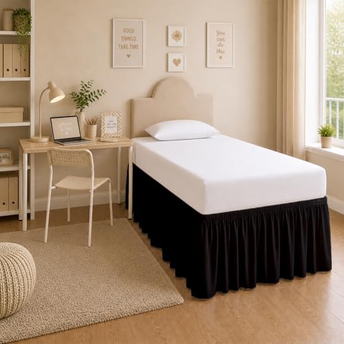 Twin XL Ruffled Bed Skirt with 36 Inch Drop - Black Microfiber Dorm Skirt