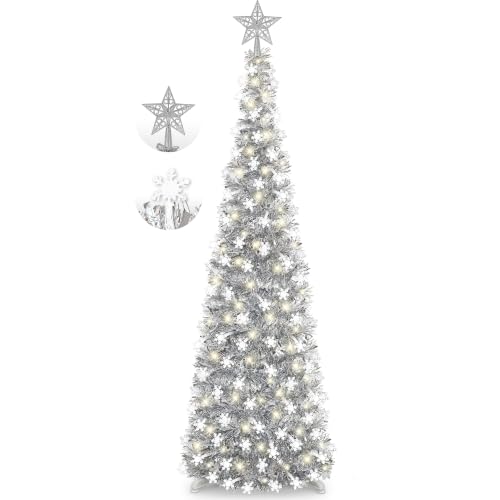 Silver White 5FT Pop-up Christmas Tree with Snowflake Decor & Timer Lights