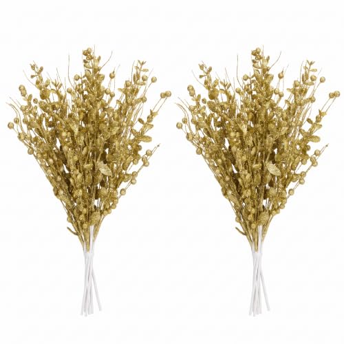 Sousi 24 Pack Gold Glitter Berry Stem - Christmas Glitter Twig Ornaments for Tree & Wreath, Holiday Decor
