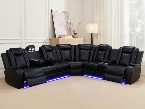 Modern Power Reclining Sectional Sofa with LED Lights and Console