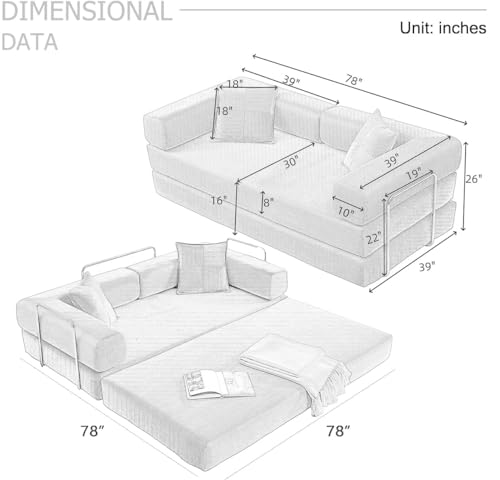 4-in-1 Folding Corduroy Sofa Bed, 78-Inch Convertible Floor Sleeper Couch
