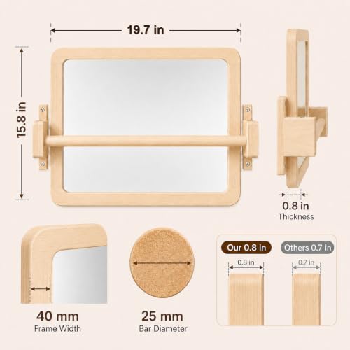 Montessori Baby Mirror with Pull Up Bar, Solid Wood Wall-Mounted Trainer