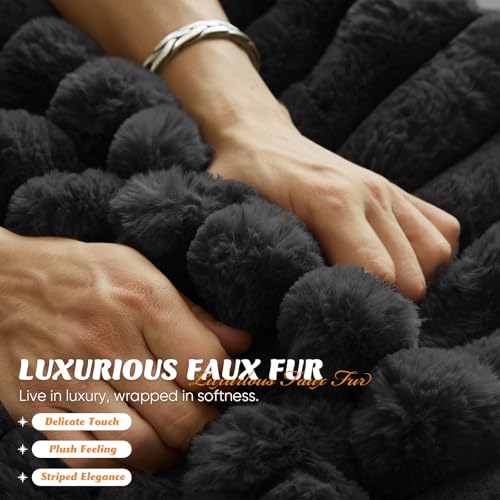 Oversized Faux Fur Chaise Lounge Sofa with Pillows, Black