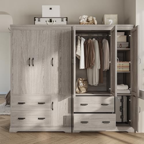 LIKIMIO Grey 70-inch Freestanding Bedroom Armoire with Drawers & Multi-Zone Storage