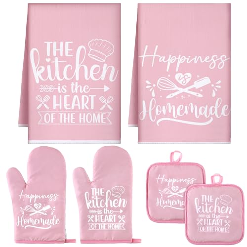 6-Piece Pink Kitchen Decor Set: Oven Mitts, Pot Holders, and Dish Towels
