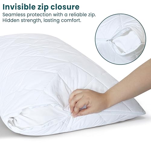 Quilted Waterproof Queen Pillow Protectors - Zippered Breathable Cover, 2 Pack