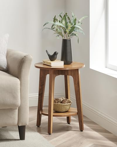 2-Tier Small Round Side Table, Mid-Century Modern End Table, Honey Brown