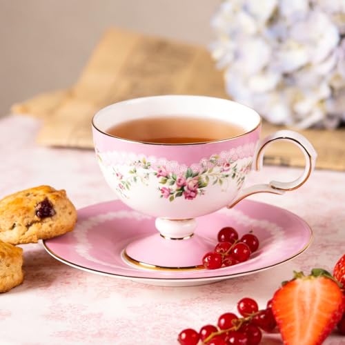 Pink Floral Ceramic Tea Cups Set of 2 with Saucers – Elegant KAMMAK Demitasse Cups
