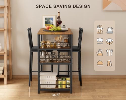 3-Piece Bar Dining Table Set with 2 Cushioned Chairs and Storage Shelves
