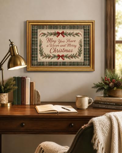 Gold Framed Christmas Wall Art Plaid Quote Canvas Print 12 x 16 in – May You Have a Warm and Merry Christmas (Plaid Quote / 16" L x 12" W)