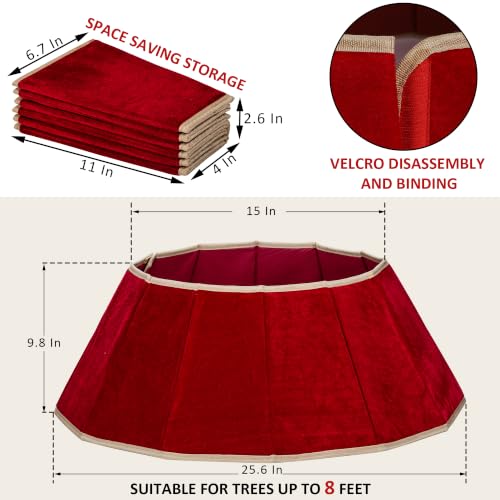 Red Velvet Foldable Christmas Tree Collar - 25.6" Fabric Tree Ring Skirt
