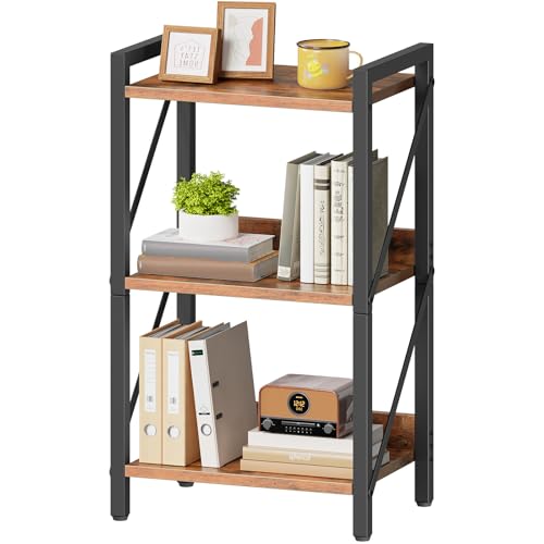 3-Tier Industrial Bookshelf with Metal Frame, Rustic Brown Storage Organizer