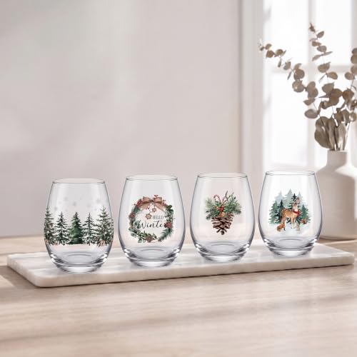 Potchen 4-Pack Christmas Forest Stemless Wine Glasses 18oz - Holiday Party Drinkware