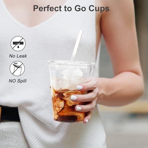 16 oz Clear Plastic Cups with Lids & Straws (100 Pack) - Iced Coffee Cups
