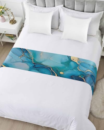 Teal & Gold Marble Bed Runner Scarf - Modern Cal King Decor (102"x20")