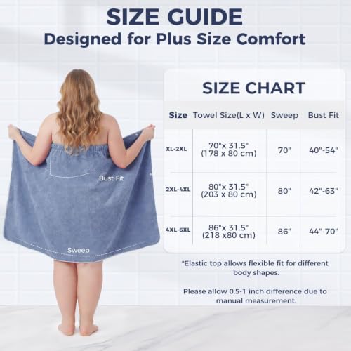 Plus Size Microfiber Bath Towel Wrap Set with Hair Towel, 2XL-4XL Blue