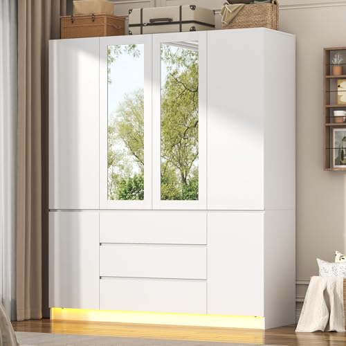 Modern 4-Door Wooden Wardrobe Armoire with Mirror, Drawers & RGB LED Lights