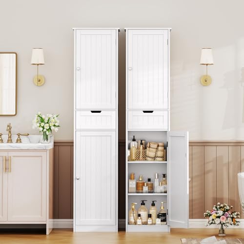 67" Tall Bathroom Storage Cabinet with 2 Doors, Drawer & Adjustable Shelves
