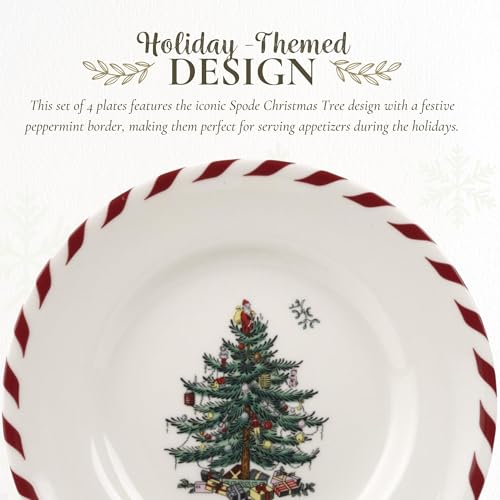 Spode Christmas Tree Canape Plates Set of 4 - Peppermint Border 6.5" Appetizer Plates (Pack of 2)