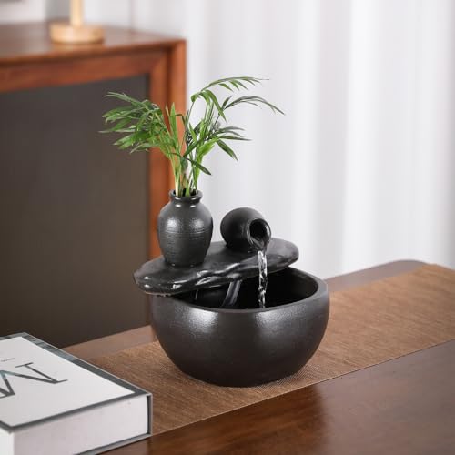 Black Ceramic Tabletop Water Fountain for Indoor Home & Office Decor