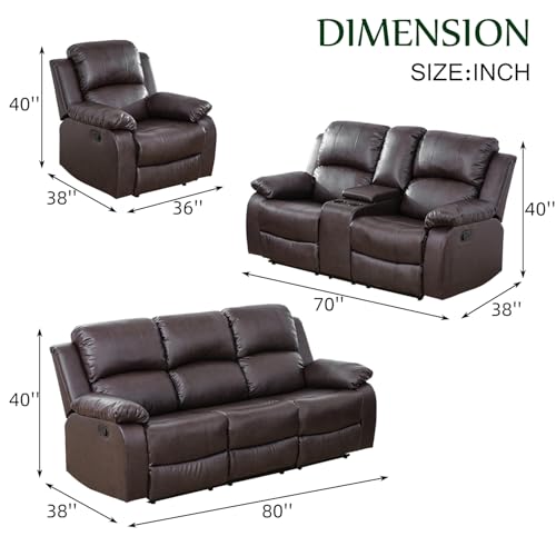 3-Piece Leather Recliner Sofa Set with Storage and Cup Holders