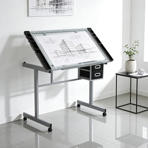 Adjustable Drafting Table with Tilting Glass Top and 2 Drawers