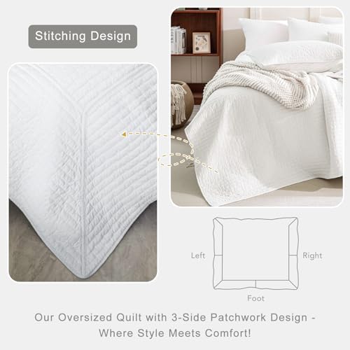 Lady Ann Oversized King Quilt Set 128x120 - 3 Piece White Bedspread