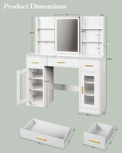43.5-Inch Makeup Vanity Desk with Sliding LED Mirror, Drawers & Power Outlets