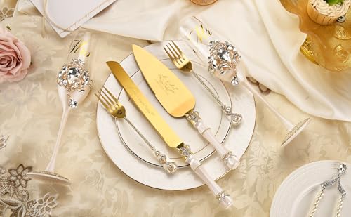 Gold Petal Rhinestone Wedding Cake Cutting Set with Champagne Flutes - BEKESIN