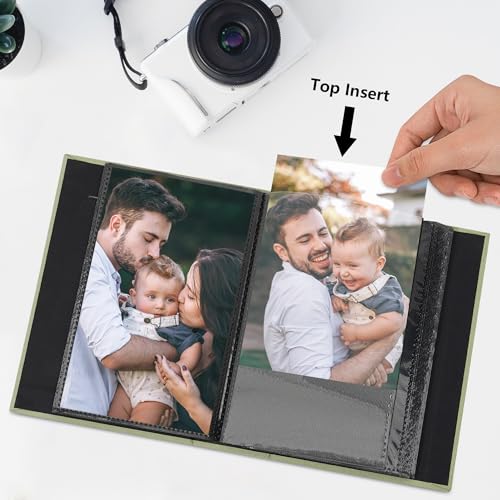 Small 4x6 Linen Photo Album with Front Window, 24 Pockets, Light Green