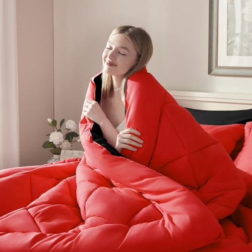 ELNIDO QUEEN Red & Black King Size Bed in a Bag 7-Piece Bedding Set All Season
