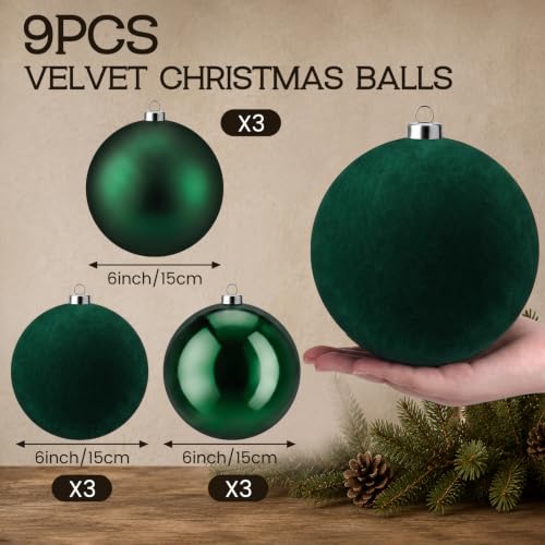 Yunlly 9-Piece Green Christmas Ornaments Set - Large 6 Inch Mixed Finish Decorations
