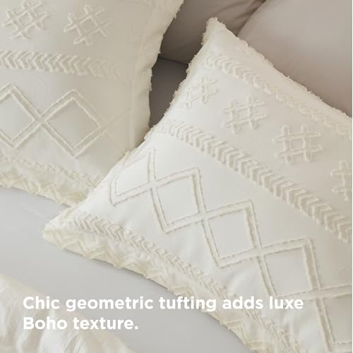 Boho Tufted Queen Duvet Cover Set - 3-Piece White Bedding with Shams