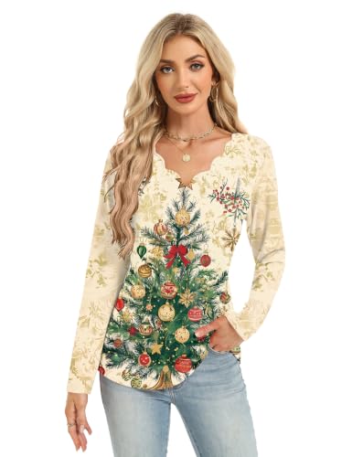 AKEWEI Women's Christmas Long Sleeve Graphic Shirt - Apricot Tree, X-Large Holiday Top