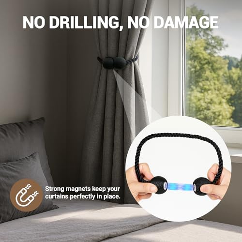 Magnetic Curtain Tiebacks - 2 Pack No-Drill Decorative Drape Clips (Black)