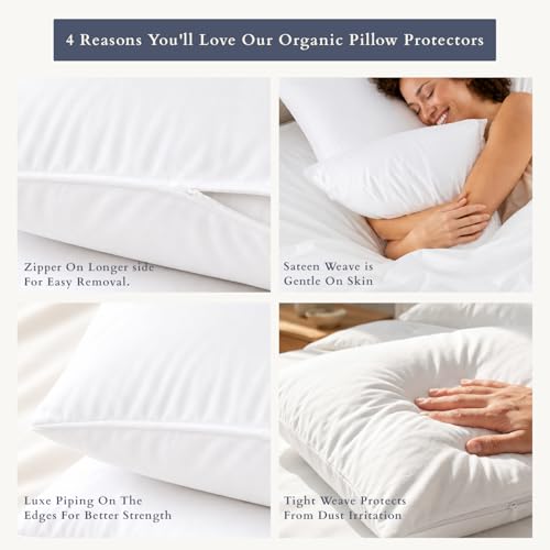 Organic Cotton Pillow Protectors - Set of 2, King Size Zippered Case