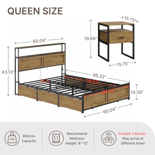 Industrial Bed Frame Set with LED Lights, Charging Station & 6 Storage Drawers