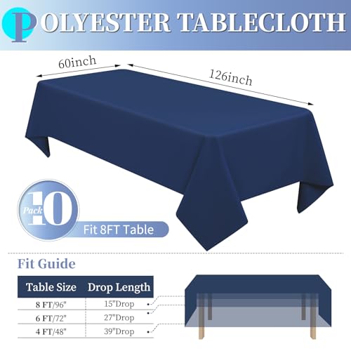 Navy Blue 10-Pack 60 x 126 in Polyester Tablecloths for 6 ft Tables, Wrinkle-Resistant
