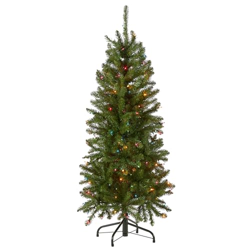 National Tree Company 4.5ft Pre-Lit Kingswood Fir Slim Christmas Tree - 150 Multicolor Lights, Hinged Branches