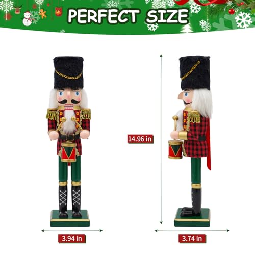 14-Inch Wooden Nutcracker Drummer Figure - Handcrafted Christmas Decor