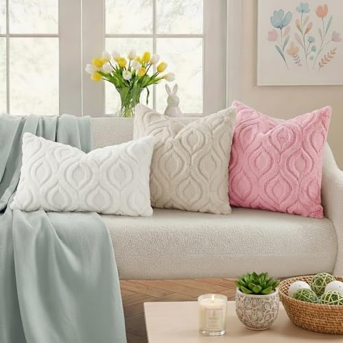 decorUhome Faux Fur Throw Pillow Covers 18x18 Set of 2, Soft Beige Velvet