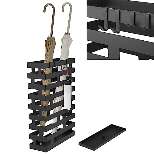 Modern Metal Umbrella Stand for Entryway with Water Tray and Hooks, Black