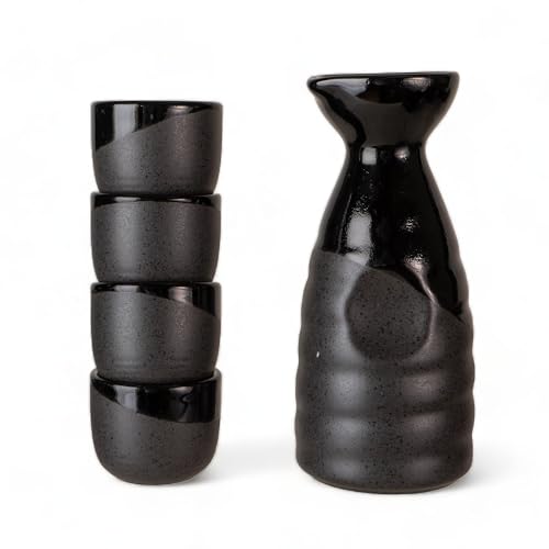Urban Tokyo Japanese Sake Set with 1 Bottle & 4 Cups - Black Matte Gloss