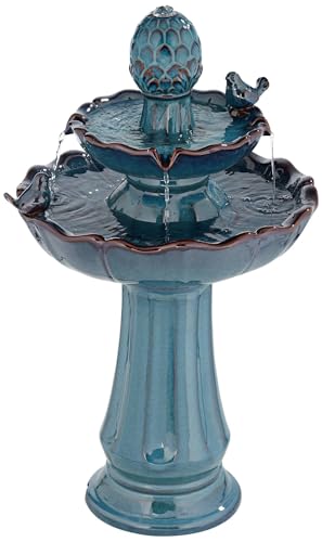 28-Inch Turquoise Ceramic 2-Tier Outdoor Fountain with Bird Statuettes