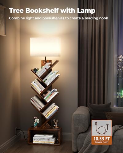 6-Tier Tree Bookshelf with Adjustable LED Lighting, Rustic Brown