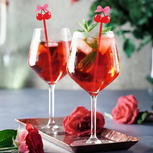 Pink Bow Cherry Cocktail Stirrer Set - 30 Reusable Swizzle Sticks for Drinks & Parties