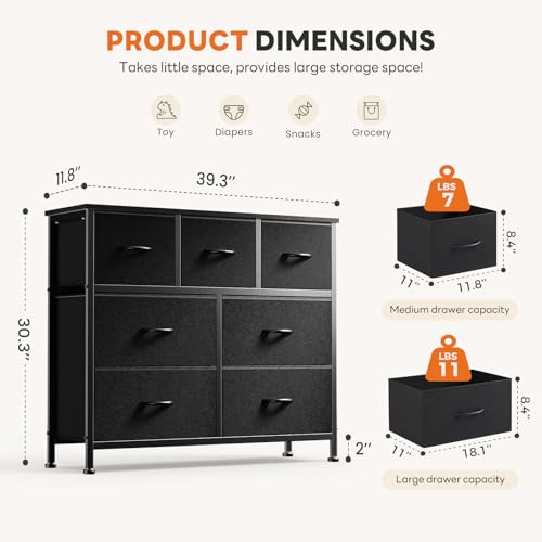 7 Drawer Fabric Dresser for Bedroom Storage with Wooden Top and Steel Frame