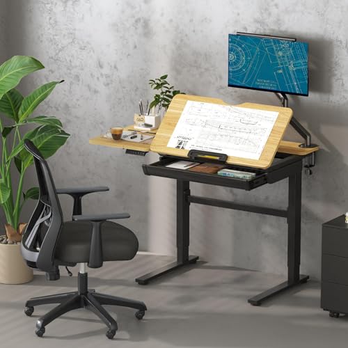 Electric Height Adjustable Drafting Table with Tilting Top and Drawer