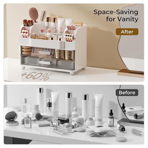 UFORU White Makeup Organizer with 2 Large Drawers & Brush Holders