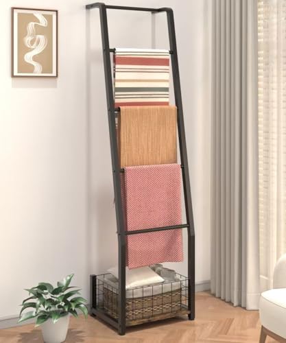 5-Tier Blanket Ladder with Storage Basket, Leaning Quilt Rack Stand